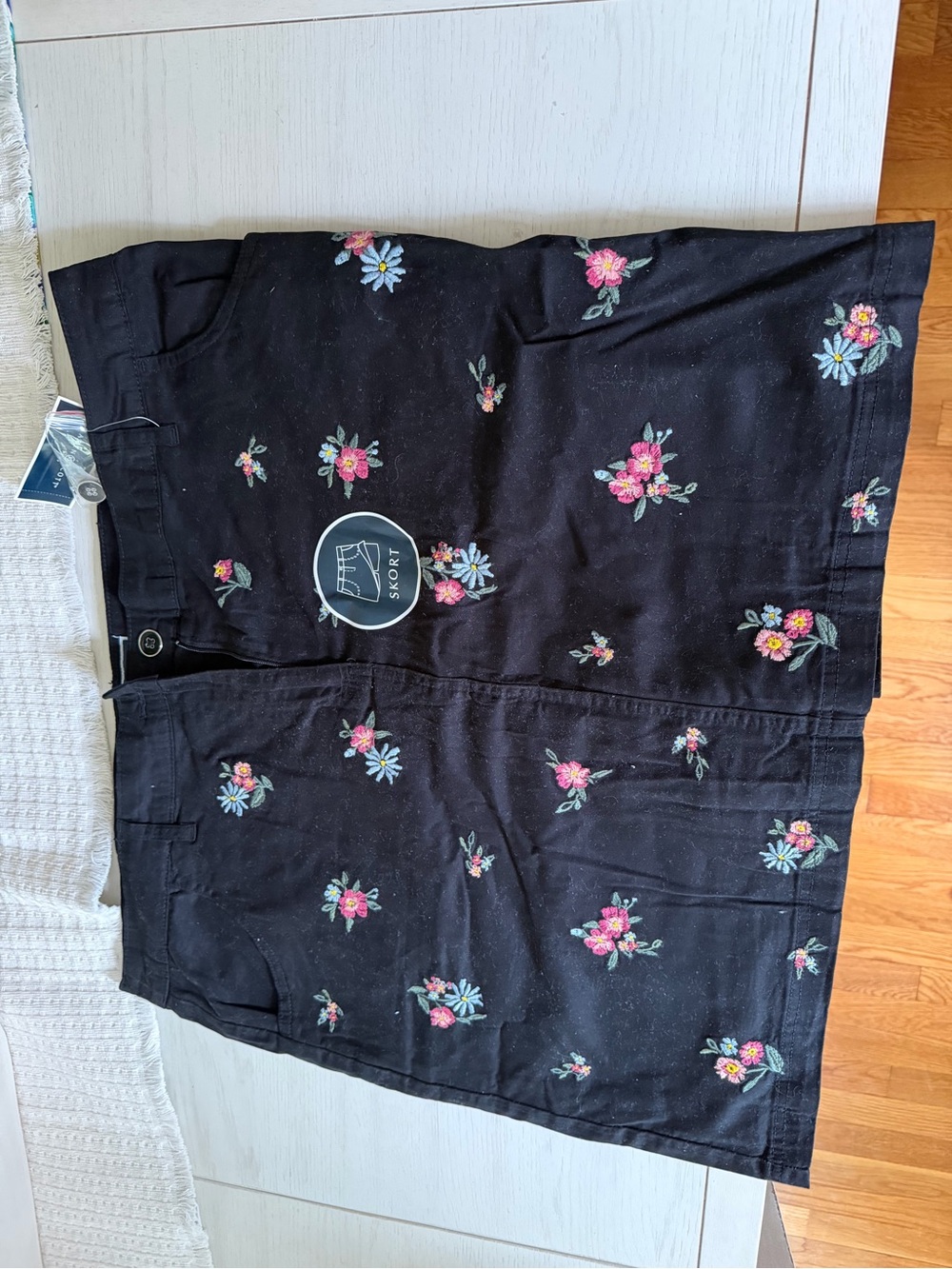 Karen Scott Black Floral Embroidered Skort with Pink & Blue Accents